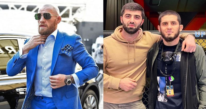 Conor McGregor (Left) and Rizwan Magomedov with Islam Makhachev (right)