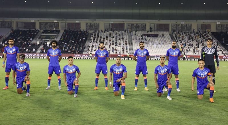 Indian Football Team pose for the photographs before their clash against Qatar