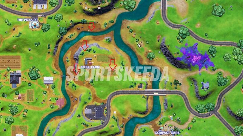 Overview image of locations for &quot;Search the Farm for Clues&quot; challenge (Image via Sportskeeda)