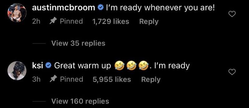 KSI comments on Austin McBroom&#039;s Instagram photo (Image via Instagram)