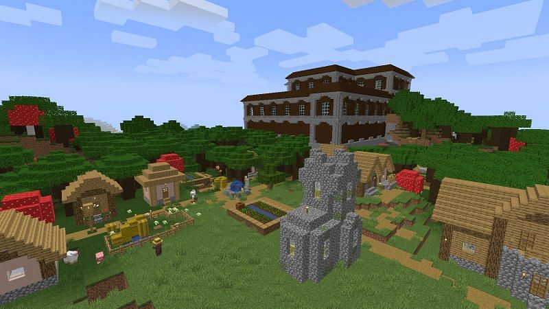 A Woodland Mansion next to a village (Image via Minecraft)