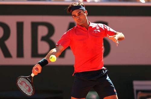 Roger Federer in action at the 2021 French Open