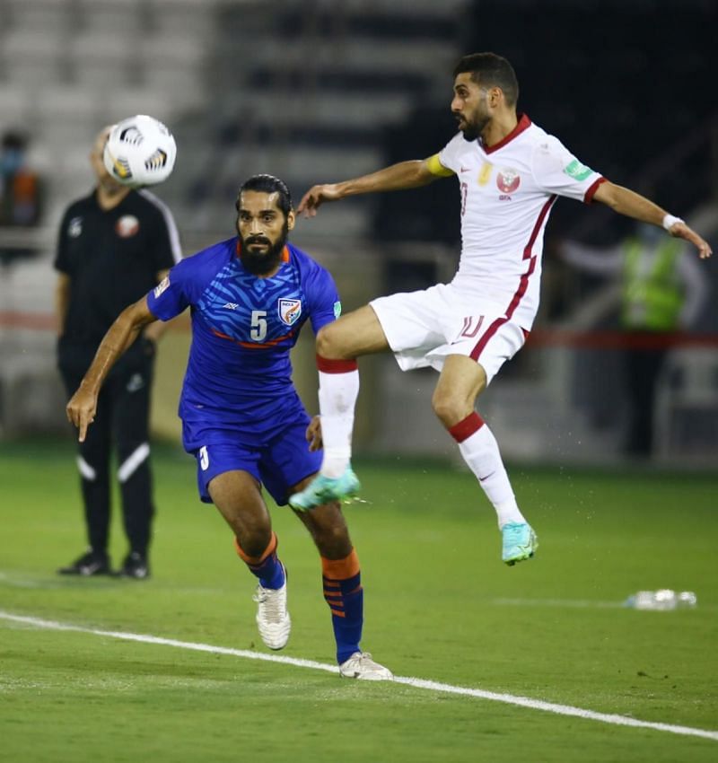 Indian Football Team&#039;s Sandesh Jhingan in action against Qatar in their 2022 FIFA World Cup Qualifying match