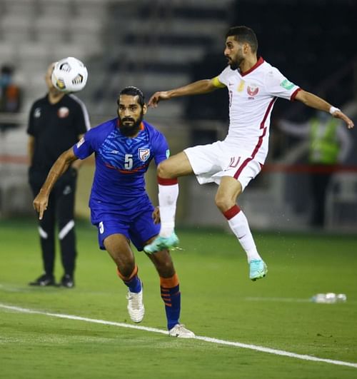 Indian Football Team's Sandesh Jhingan in action against Qatar in their 2022 FIFA World Cup Qualifying match