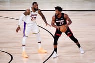 LeBron James (#23) of the LA Lakers defends Jimmy Butler (#22) of the Miami Heat during the 2020 NBA Finals.