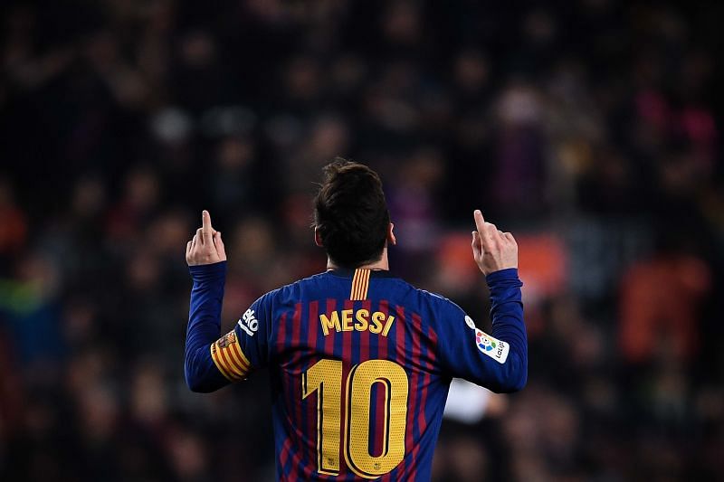 Lionel Messi celebrates after scoring for FC Barcelona in La Liga.
