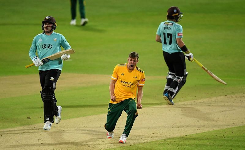 Jake ball celebrates after picking up a wicket