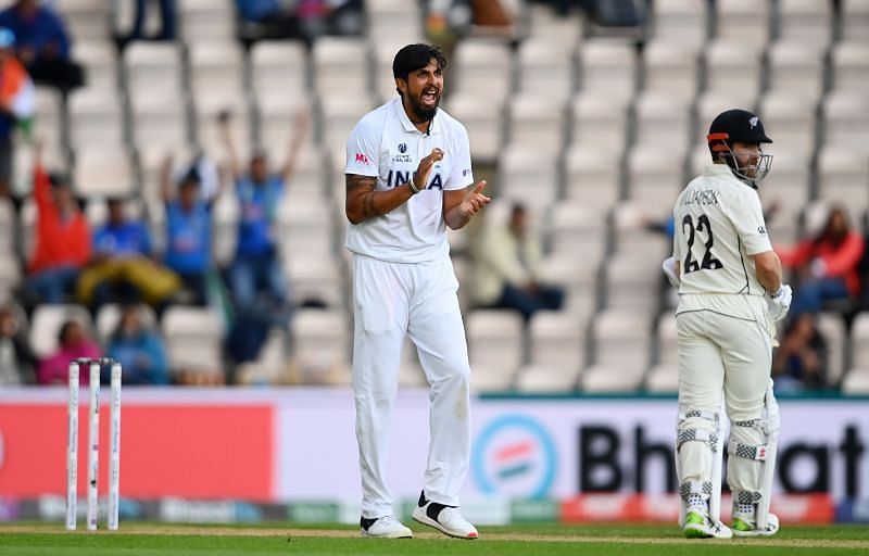 Ishant Sharma celebrates the wicket of New Zealand&#039;s Devon Conway during Day 3 of the WTC Final