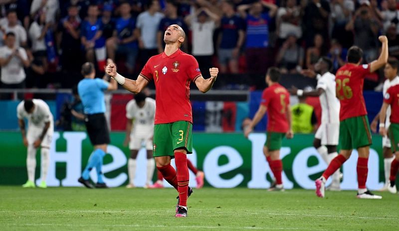 Portugal&#039;s Pepe after the full-time whistle against France.