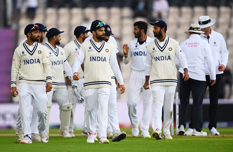 India walk off the field after Day 3 of their WTC final against New Zealand