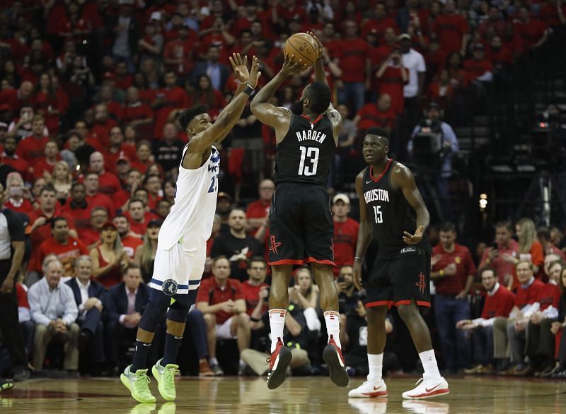 James Harden (#13) of the Houston Rockets against the Minnesota Timberwolves.