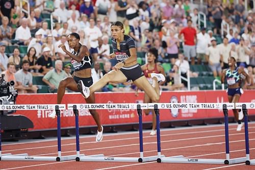 Sydney McLaughlin and Dalilah Muhammad in action