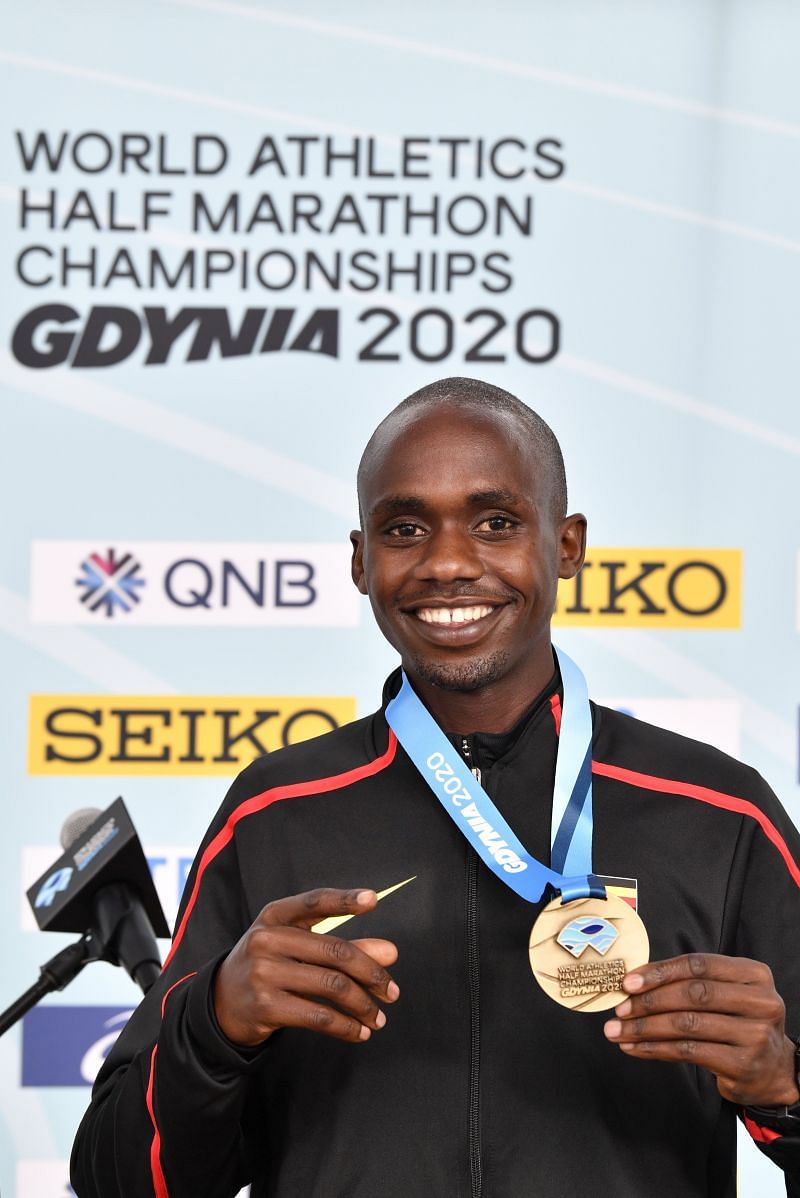 Jacob at the World Athletics Half Marathon Championships in 2020, where he won gold