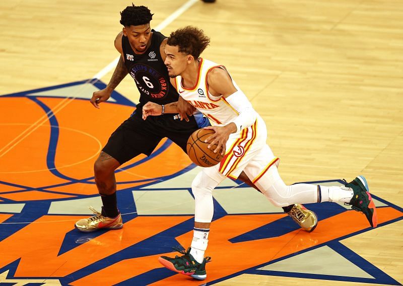 Elfrid Payton (#6) with the New York Knicks in the 2021 NBA playoffs