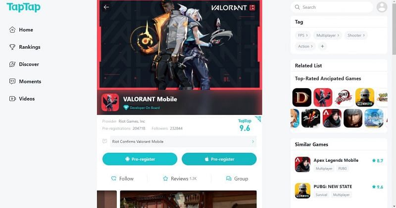 Valorant Mobile pre-registration link (Screengrab from Tap Tap)