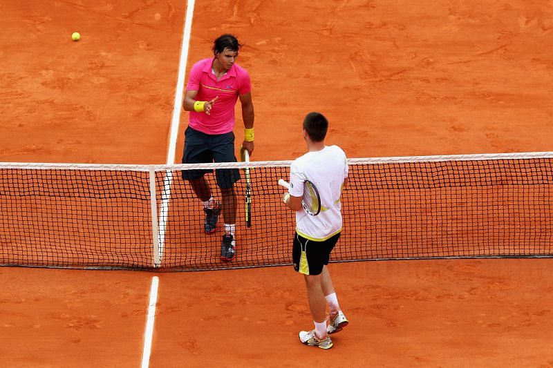 Rafael Nadal (L) and Robin Soderling after their Round-of-16 encounter at Roland Garros 2009