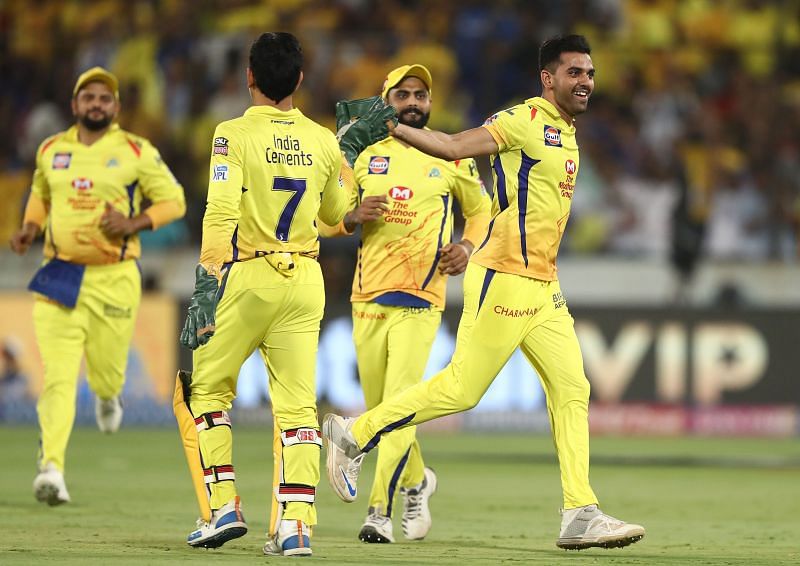 Deepak Chahar celebrates during the 2019 IPL final.