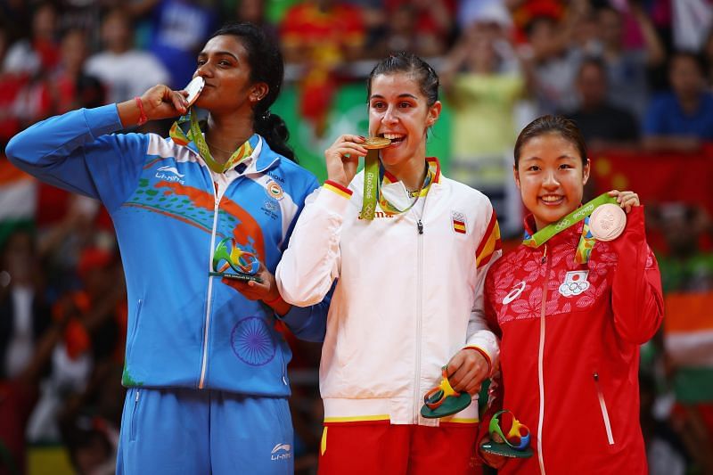 (L-R) PV Sindhu, Carolina Marin and Nozomi Okuhara during the 2016 Rio Olympics medal ceremony