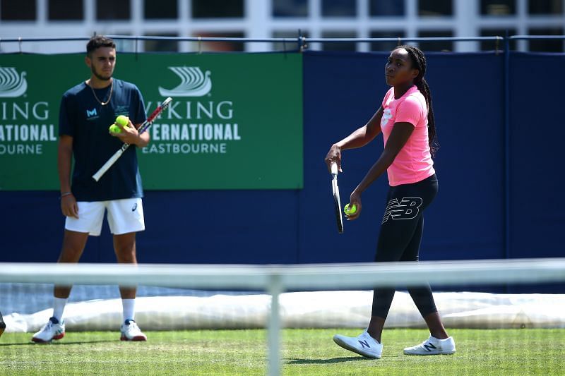 Coco Gauff practicing in Eastbourne