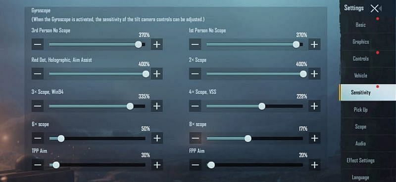 Gyroscope settings in BGMI (Image via Battlegrounds Mobile India)