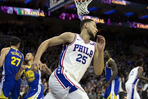 Ben Simmons #25 runs down the floor after scoring