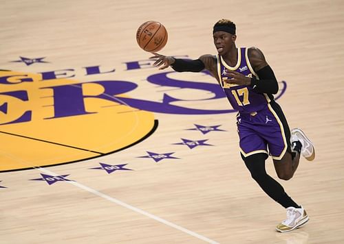 Dennis Schroder #17 passes the ball during a game at Staples Center.