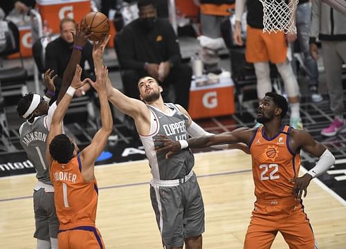 LA Clippers' Ivica Zubac is action against the Phoenix Suns