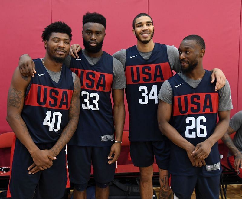 Boston Celtics teammates Marcus Smart #40, Jaylen Brown #33, Jayson Tatum #34 and Kemba Walker #26 of the 2019 USA Men's National Team at the 2019 USA Basketball Men's National Team World Cup