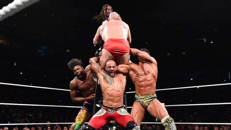 Lars Sullivan on the verge of receiving a powerbomb via his opponents at NXT TakeOver: New Orleans