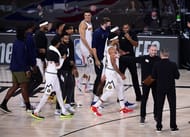 The Denver Nuggets celebrate during the fourth quarter against the LA Clippers in Game Seven of the Western Conference Second Round during the 2020 NBA Playoffs.