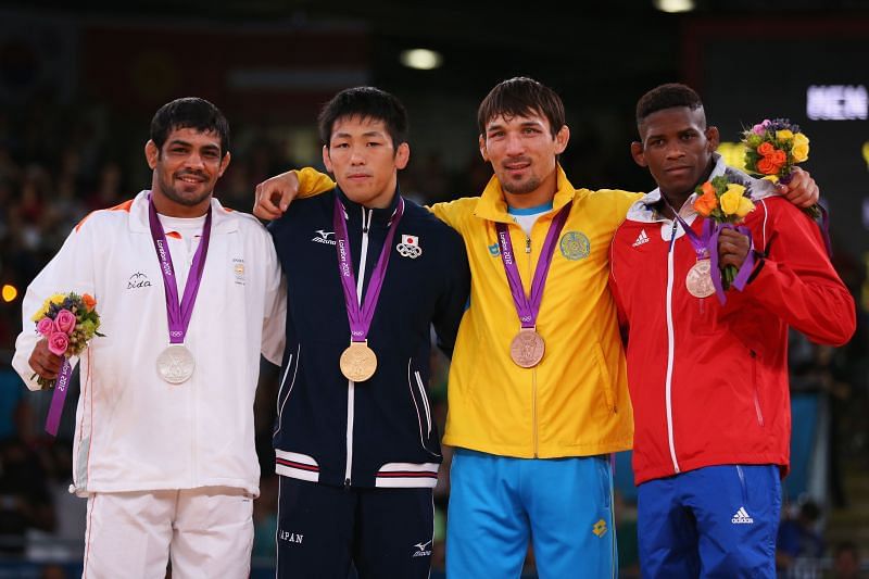 Sushil Kumar (extreme left) at the Rio Olympics