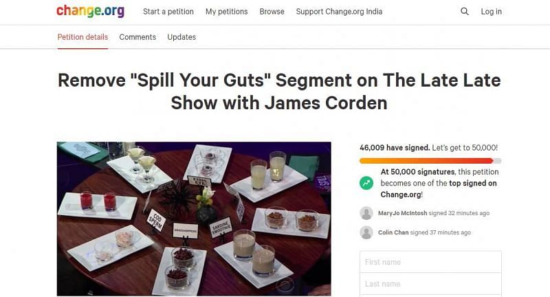 Kim Saira&#039;s petition against James Corden&#039;s &quot;Spill Your Guts&quot; segment