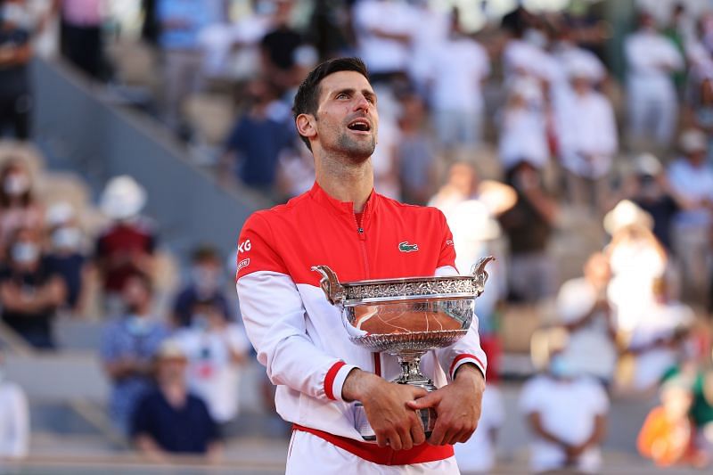 Novak Djokovic with the 2021 French Open trophy