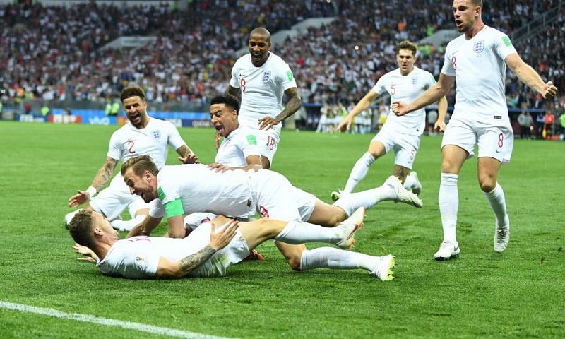 England celebrate after scoring one of their two goals against Germany.