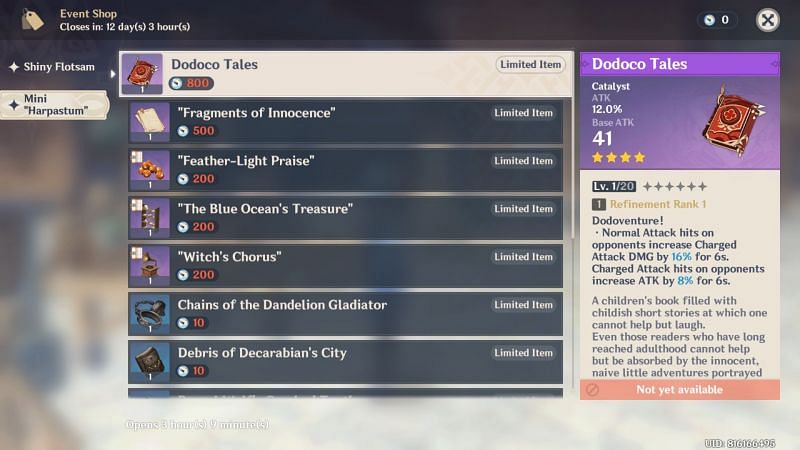 Dodoco Tales and refinement material, &quot;Fragments of Innocence&quot; in event shop (image via Genshin Impact)