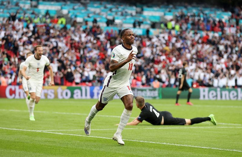 Raheem Sterling celebrates scoring his third goal at Euro 2020. 