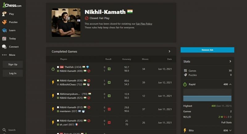 Nikhil Kamath has been banned on chess.com