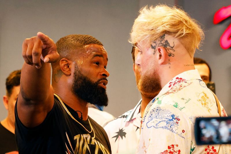 Tyron Woodley (left) and Jake Paul (right) facing-off