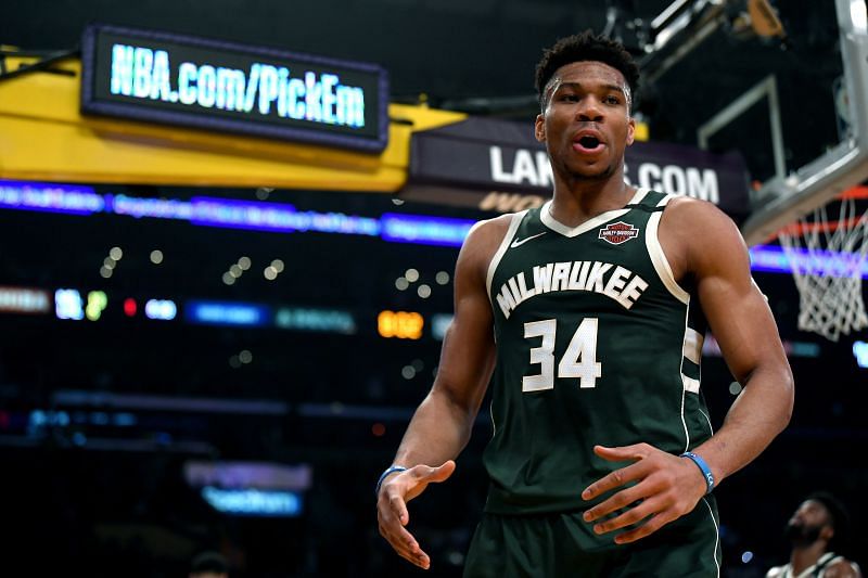 Giannis Antetokounmpo #34 of the Milwaukee Bucks in 2020.