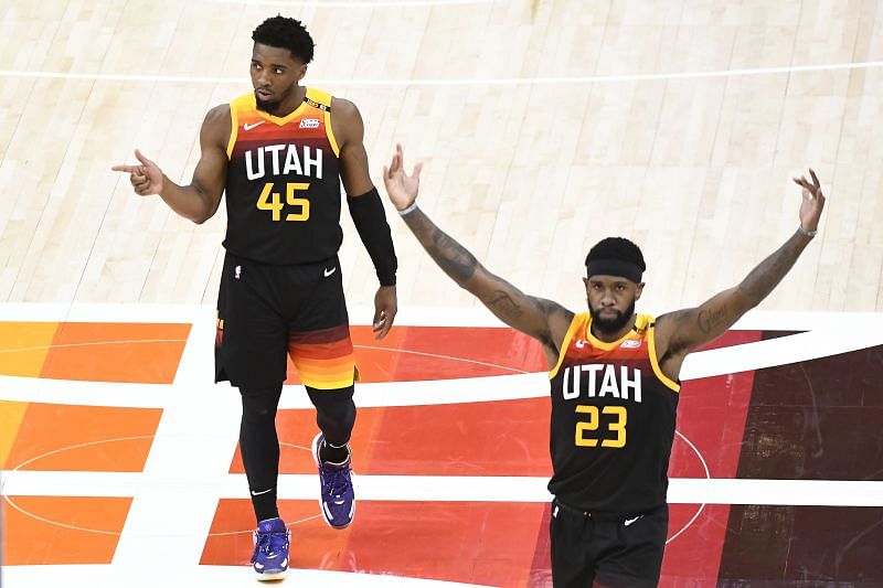 Donovan Mitchell #45 and Royce O&#039;Neale #23 of the Utah Jazz