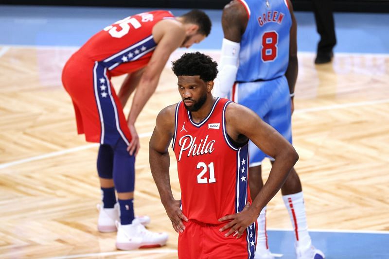 Joel Embiid #21 of the Philadelphia 76ers reacts during the first half against the Brooklyn Nets