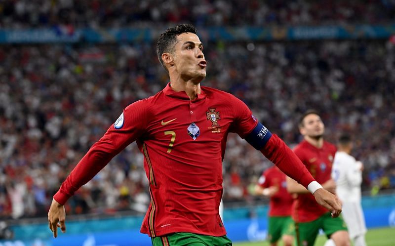 Ronaldo celebrates after scoring for Portugal against France in their Euro 2020 clash