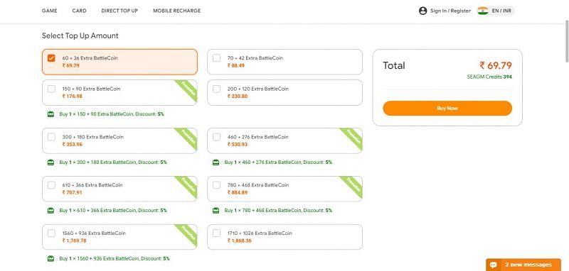Players can choose their desired number of BattleCoins from the website (Image via seagm.com)