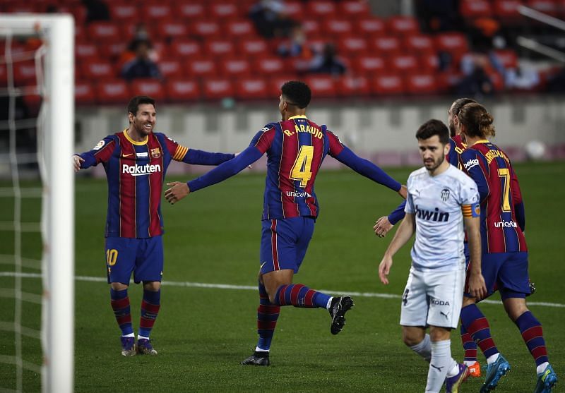 Messi celebrates after equaling Pele