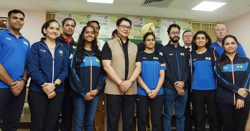 Tokyo Olympics 2020 bound Indian shooters with Minister of Sports and Youth Affairs Kiren Rijiju