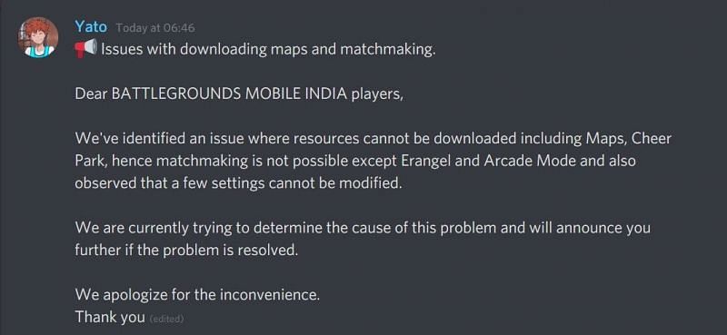 A screen shot of the message posted on the official Discord server