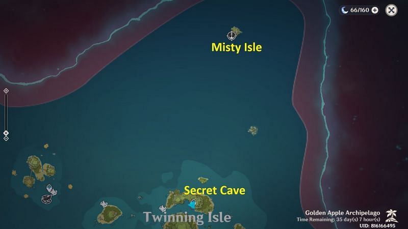 Secret cave &amp; misty isle locations (image via Genshin Impact)