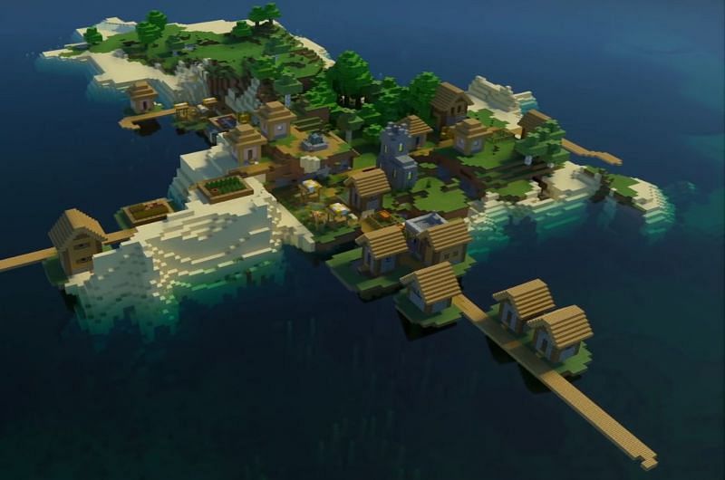 A village on an island (Image via Minecraft &amp; Chill)
