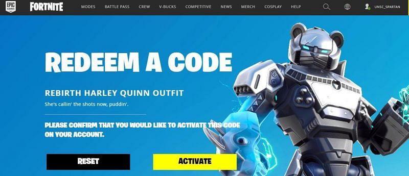 Code to claim the Harley Quinn Rebirth outfit in Fortnite Season 6 (Image via Twitter)