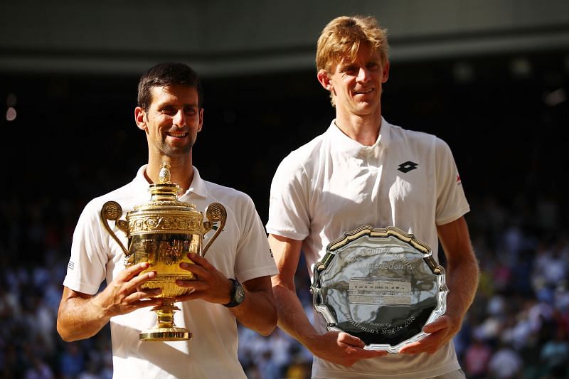 Novak Djokovic (L) and Kevin Anderson at Wimbledon 2018